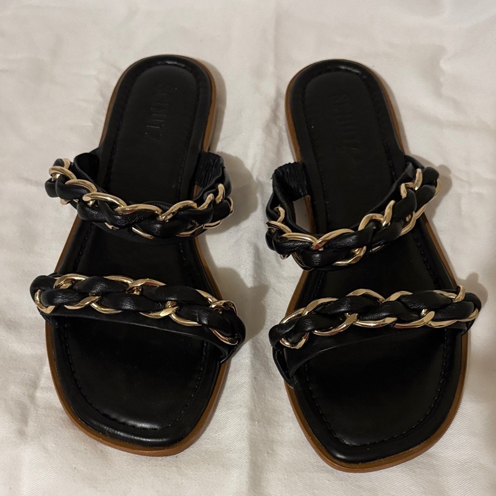 SCHUTZ Black Sandals flats with Gold Chain Detail